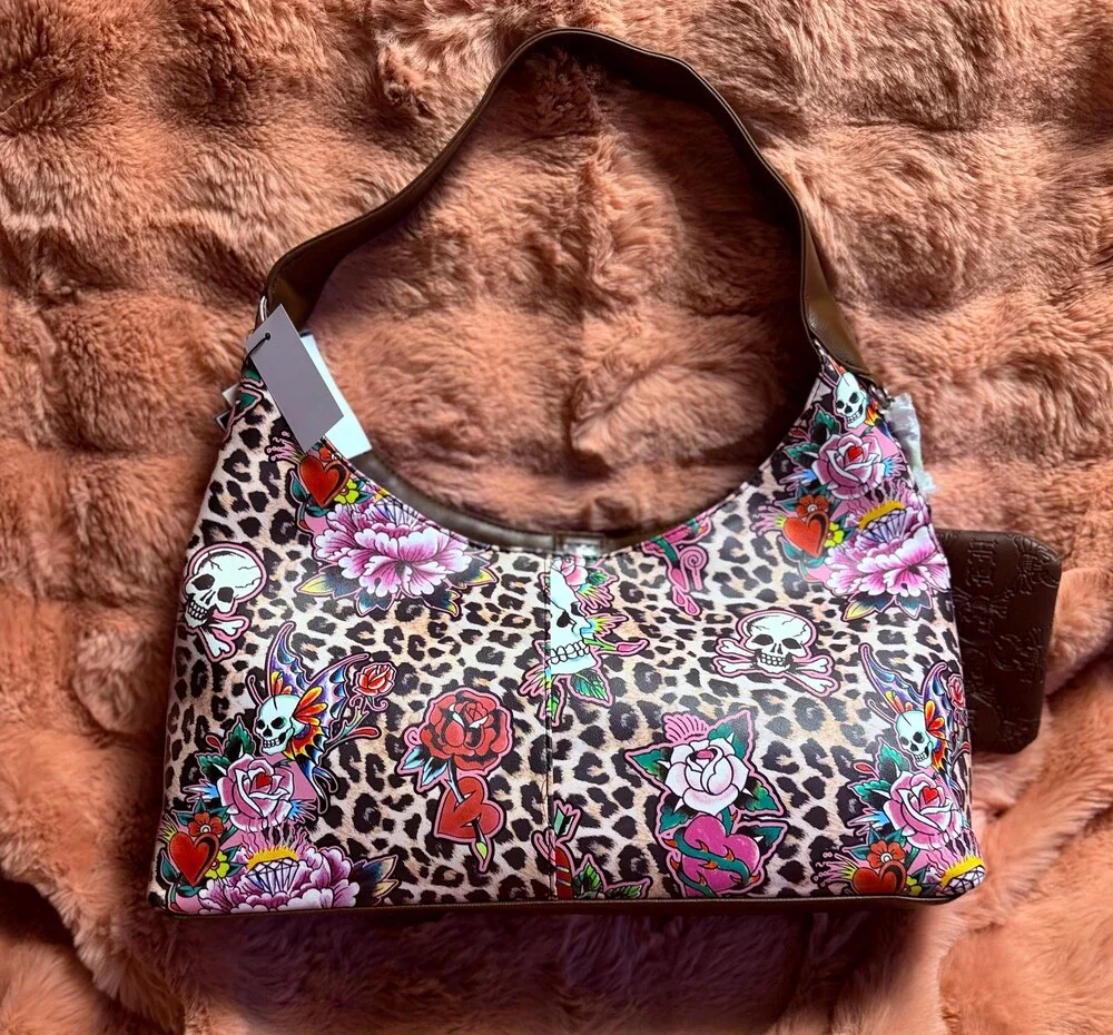 Ed Hardy Leopard Print Skull Tattoo Shoulder Bag Studded Y2K Purse NWT
